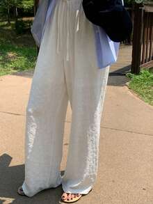 Y2K Style Women's White Straight Jacquard Casual Pants, Suitable For Daily Casual And Work Commute, Wear In Spring - White - View 6