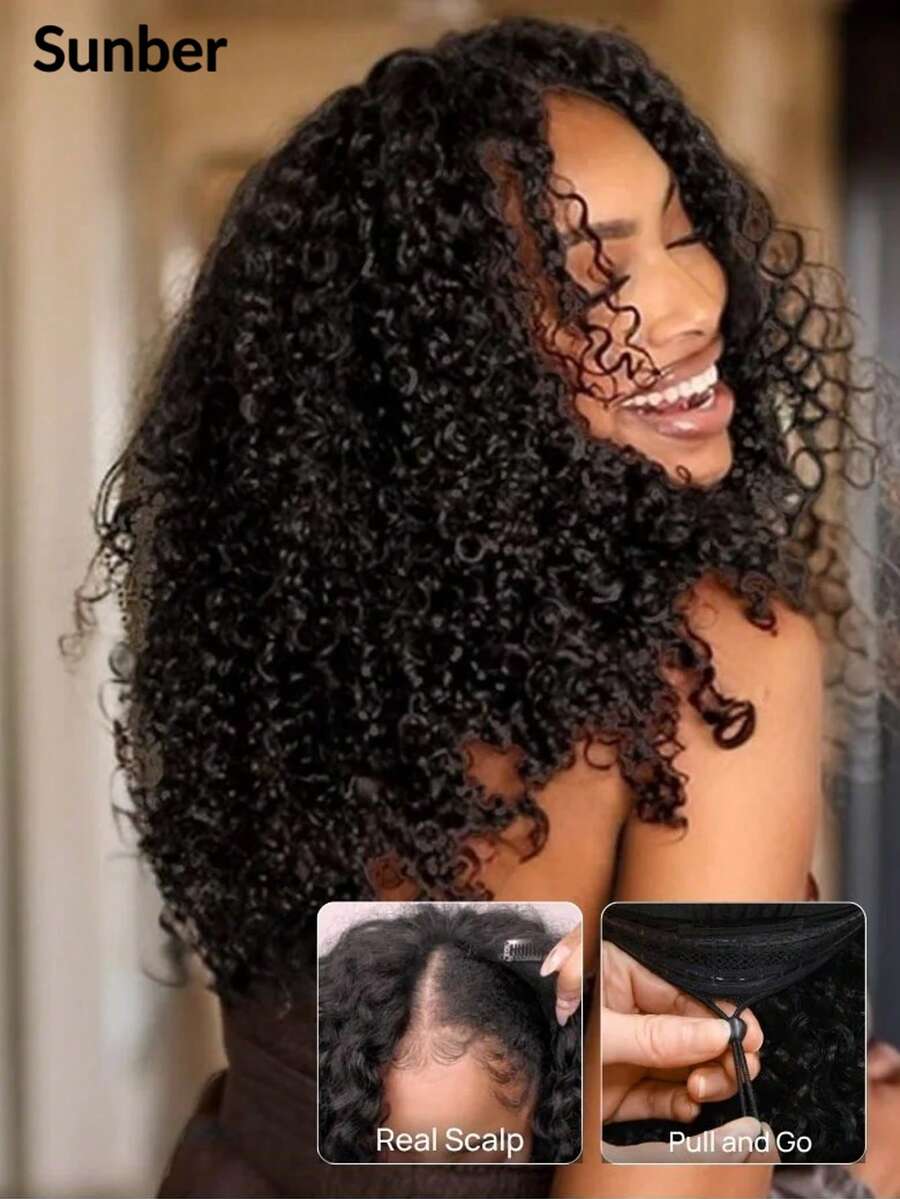 Sunber EasiContour V Part Curly Human Hair Wigs With Drawstring V Shape Wigs Jerry Curly Glueless Wig 150% Density Upgrade No Leave Out Vpart No Gel Beginner Friendly Clip In Vpart Curly Wigs Glueless Jerry Curly Wig - SNatural - 查看 1