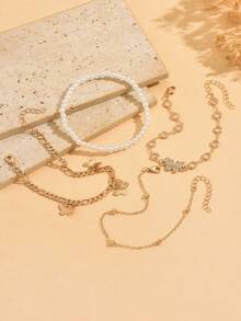 4pcs/Set Elegant Versatile Multi-Layer Gold Tone Pearl Beaded Butterfly Tassel Anklet Jewelry, Suitable For Daily Wear And Festivals - Multicolor - View 3