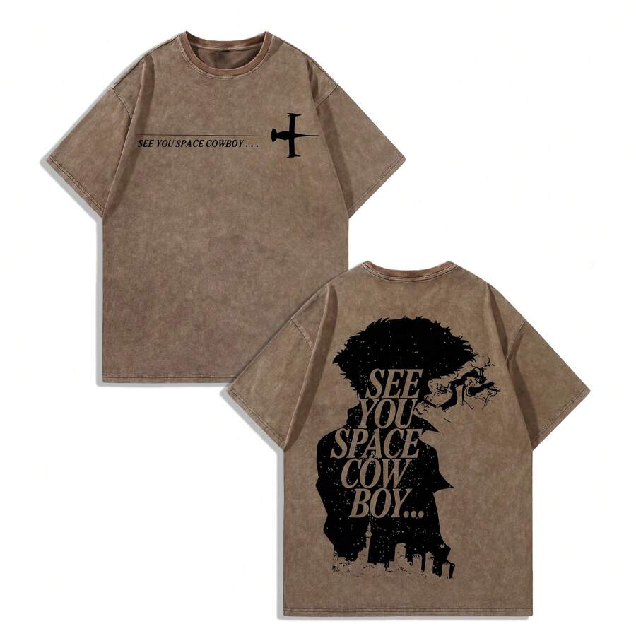 EWH Men Y2K Cowboy Bebop "See You Space Cowboy" Anime Graphic T-Shirt, 230g 100% Cotton Soft Oversized Tee For Streetwear & Anime Fans Gifts 004-AB - 咖啡色 - 查看 1
