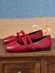 Women's Fashion Square Toe Red Slip-On Shoes, Suitable For Commuting, Office, Party, Date, Wedding, New Year, Casual Versatile Shoes, Elegant Mary Jane Shoes - Red - View 4