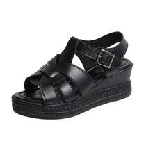 Sandal nữ màu đen thời trang mới, thoải mái, mũi tròn, hở mũi, quai chéo bằng chất liệu PU, kiểu dáng đơn giản, thích hợp cho hoạt động ngoài trời, đi biển, đế dày, đa năng cho mùa hè. - màu đen - Xem 15