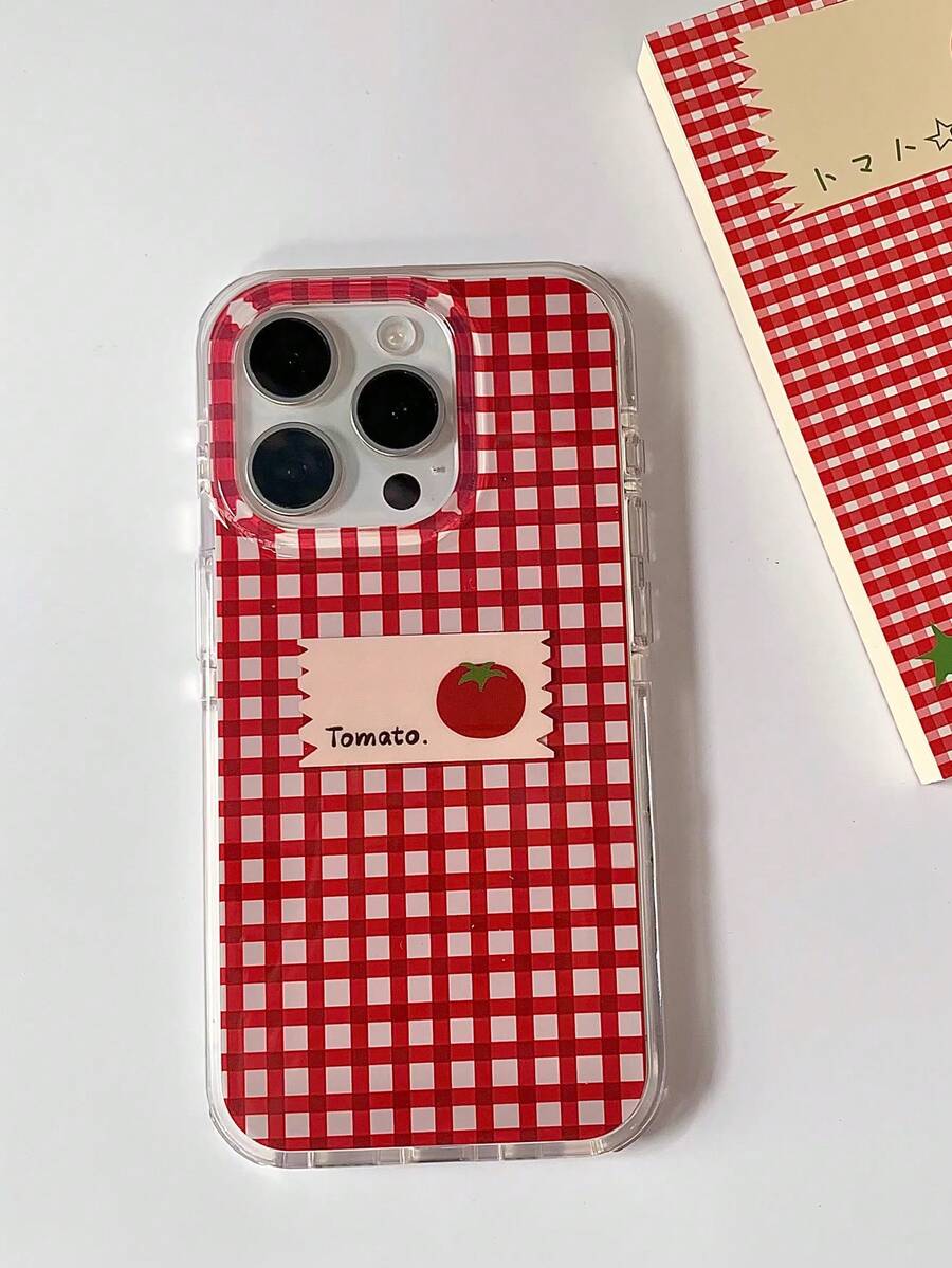 Funda de teléfono con impresión de doble capa y etiqueta de tomate a cuadros compatible con iPhone 16 Pro Max, 13/14, 16, 15 Pro Max, cubierta protectora suave y resistente a golpes - Rojo - Ver 1