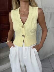 Casual Gold Button V-Neck Sleeveless Knit Cardigan - Yellow - View 3