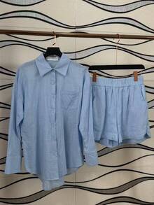 Two-Piece Linen Shirt And Shorts Set, Lined With Elastic. Summer Vacation: Perfect For Celebrating Christmas, New Year's Eve And New Year In Brazil! - 淺色水洗藍 - 查看 1