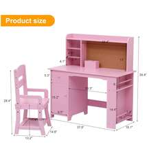 Kids Study Desk And Chair Set With Storage Cabinet, Wooden Children's Study Table, Student Writing Desk And Computer Workstation For Boys And Girls Ages 3-8 - 粉色 - 查看 5