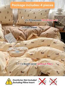 腊肠犬图案四件套床上用品，可爱清新，亲肤双层雪纺纤维，优质床上用品套装（1个被套+1个床单+2个枕套），四季皆宜的卧室装饰，情人节/节日礼物，派对装饰，不含被芯和枕芯，枕套图案随机裁剪 - 棕色 - 查看 5