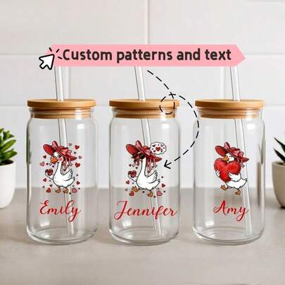 1pc 550ml/18.7oz Personalized Valentine's Day Glass Cup With Lid, Straw, Straw Brush - Romantic Gift For Couples, Suitable For Girlfriend, Women's Birthday, Friends, Mother, Teacher, Girl - Customized Gift, Valentine's Day Present, Thoughtful Gift, Fashionable Drinkware