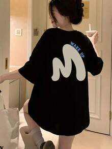 Women's Round Neck Loose Casual Letter & Line Print Short Sleeve T-Shirt, Spring/Summer - Black - View 2