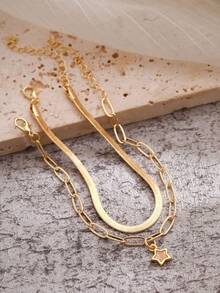 2pcs Men's Fashion Bracelet Set, Blade Chain & Paper Clip Chain With Pentagram Pendant Bracelet, Suitable For Daily Outfit Accessories - Yellow Gold - View 3
