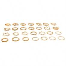 28件套金色心形波浪叠戴戒指套装，可爱水晶指节戒指，Y2K风格日常及派对饰品 - 28件套裝 - 查看 5