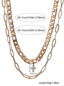 2pcs Cross Copper Inlaid Cubic Zirconia Hiphop Chain Necklace, Exaggerated Thick Chain Layered Safety Pin Necklace Set - Yellow Gold - View 6