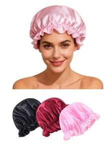 3pcs/Set Single-Sided Mulberry Silk Sleep Cap, Satin Sleep Hat, Adjustable Silk Sleep Cap, Satin Sleep Hat - Multicolor - View 1