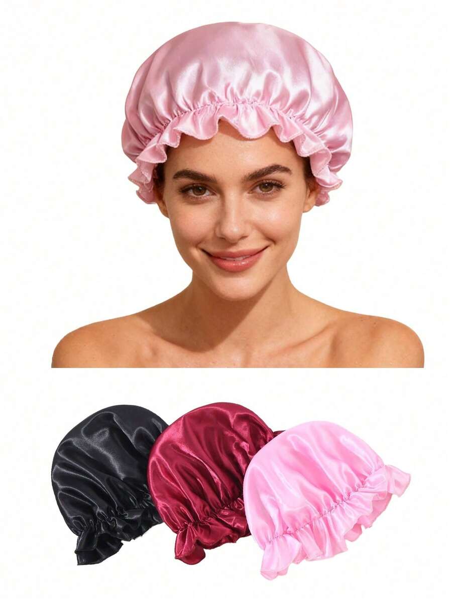 3pcs/Set Single-Sided Mulberry Silk Sleep Cap, Satin Sleep Hat, Adjustable Silk Sleep Cap, Satin Sleep Hat - Multicolor - View 1