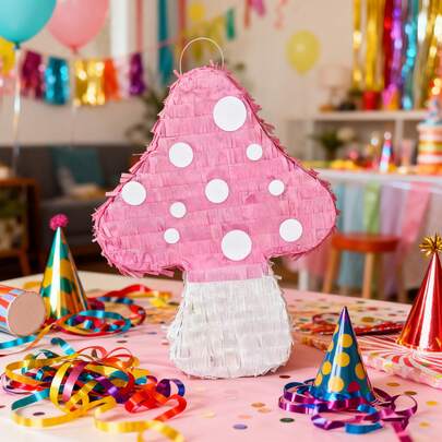 4pcs/Set Pink Mushroom Shaped Piñata, Forest Theme Piñata, Suitable For Birthday Parties, Party Decorations, Fun Decorative Piñata, Party Supplies, Photo Props, Includes Bat And Blindfold