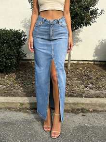 New Summer Elegant, Casual, Commute Versatile High Waist Slit Minimalist Daily Wear Women Denim Skirt - Light Wash - View 1
