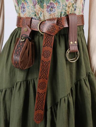 Set di 3 pezzi in pelle PU marrone: cintura in stile medievale, borsa e fermaglio per gonna, adatto per rinascimento, mercato vichingo, costumi LARP