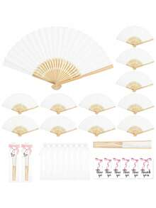 1/3/15/30/60 piezas Juego de abanicos plegables elegantes, incluye etiquetas de agradecimiento y bolsas de regalo, abanicos plegables, abanicos esenciales, abanicos plegables de tela, abanicos de mano de bambú para novia, perfectos para regalos de damas de honor y decoración de bodas, ideal para fiestas y eventos, accesorio de verano esencial - Blanco - Ver 1