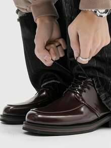 男士方头婚礼新郎休闲通勤商务正式德比系带皮鞋 - 棕色 - 查看 3
