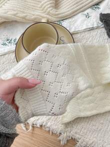 1双镂空羊毛混纺腿套，针织多层中筒袜，甜美百搭的白色秋冬袜 - 白色 - 查看 3