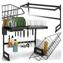 Large XXL Two-Tier Dish Drying Rack – Sturdy Black Metal Standing Dish Drainer For Plates, Bowls, Cutlery & Accessories With Knife And Board Holder - Black - View 2