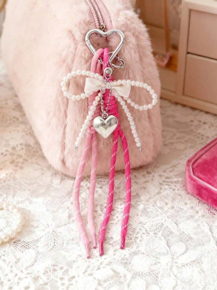 Cute Pearl Keychain, Y2K Silver Heart Bow Keychain, Fashionable Bag Charm, Gift For Best Friends - Pink - View 1