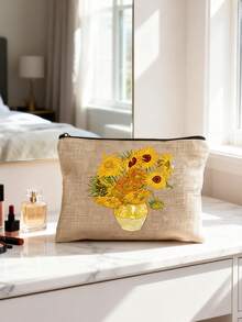 Oil Painting Sunflower Pattern Cosmetic Bag,Cosmetic Organizer,Toiletry Bag, Clutch Bag, Lightweight Foldable Storage Bag ,Travel Essential Bag - Multicolor - View 1