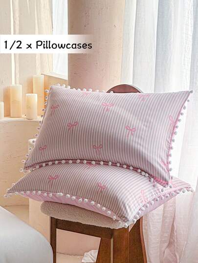 1/2pcs Cute Bow Stripe Print Polyester Pillowcases With Pom Pom Fringe, Romantic Princess Style Pillow Shams, Pink Throw Pillow Cover For Sofa Couch Bed, Without Insert