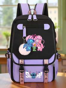 1pc Stitch Large Capacity Backpack - Cute Blue & Pink Zipper Closure, With Laptop Compartment, Durable Polyester Material, Lightweight & Fashionable, Suitable For Daily Commute And Back To School Essentials, Secure Zipper Closure Dual Shoulder Straps, Travel Day Pack, Interesting Design, Sturdy Construction - Square - View 7