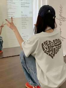 日系女式宽松圆领休闲百搭字母爱心印花短袖T恤，春夏款 - 淺花灰 - 查看 1