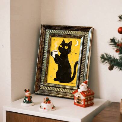 Framed Starry Black Cat Coffee Wall Decor | Cute Kitty + Moon & Stars Design | Multi-Size Art