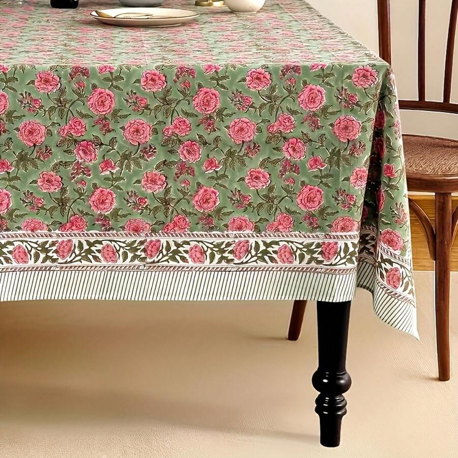 1pc Elegant Floral Tablecloth - 51x70 Inch Rectangular Linen Table Cover With Pink Roses & Green Leaves Design, Machine-Made For Weddings, Spring\/Summer Dining Decor, Durable & Easy-Clean Tablecloth For Home Or Event Use, Wedding Table Decor, Spring Summer Decor, Decorative Table Cover, Easyclean Fabric - Nhiều màu - Xem 1