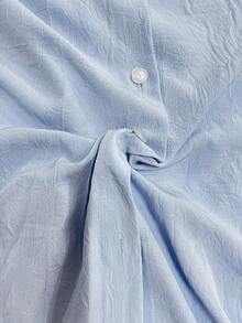 女士休闲通勤褶皱纹理面料前短后长宽松落肩长袖衬衫 - 淺藍色 - 查看 7