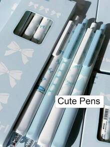4pcs Cute Retractable Bowknot Neutral Pens, 0.5mm Fine Tip, Smooth Black Ink, Office & Study Supplies, Cartoon Style Blue Cute La, First Day Of School - Multicolor - View 2