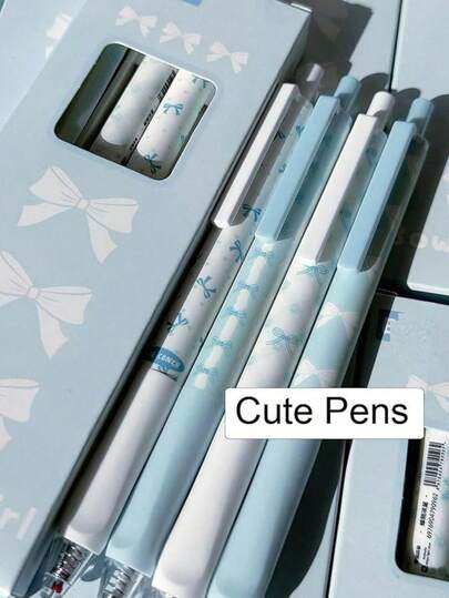 4 piezas Bolígrafos retráctiles con moño lindo, punta fina de 0.5 mm, tinta negra suave, suministros de oficina y estudio, bolígrafo de dama azul lindo con estilo de dibujos animados, bolígrafo decorativo con cuentas, decoración de strass, pluma de trabajo divertida e interesante, estilo estético