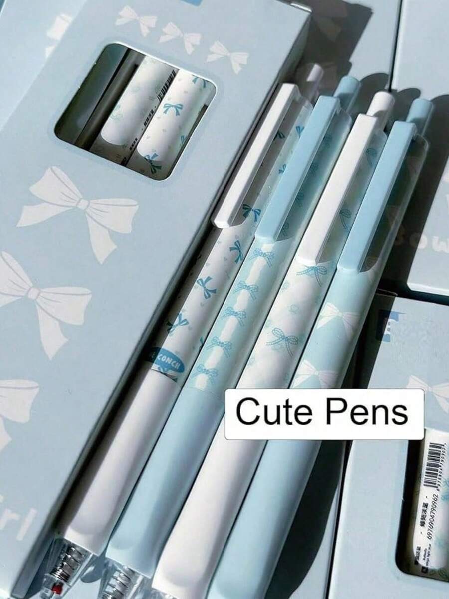 4pcs Cute Retractable Bowknot Neutral Pens, 0.5mm Fine Tip, Smooth Black Ink, Office & Study Supplies, Cartoon Style Blue Cute La, First Day Of School