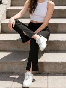Side Split High Waist Flare Pants Stretchy Slim Fit Daily Casual Street Pants - Black - View 2