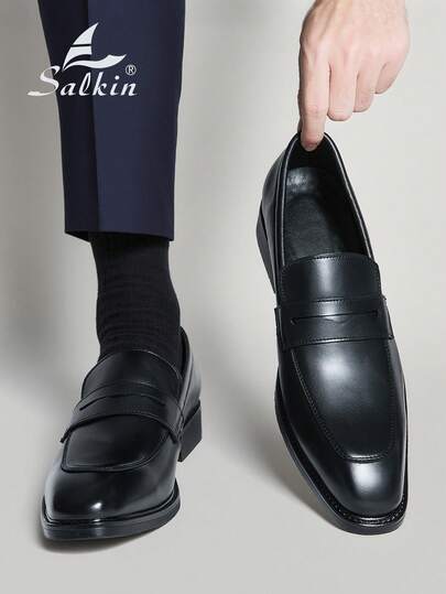 Men's Fashion Simple Slip-On Penny Dress Loafers - Gentleman's Solid Color Formal Dress Shoes, Retro British Square Toe, Soft Comfortable Leather, Non-Slip Durable Sole, For Office, Wedding, Party, Graduation, All Seasons, Big Size