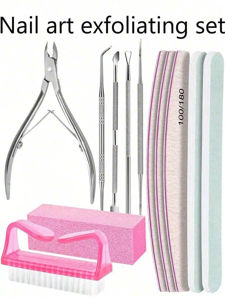 12件套美甲工具套装：100/180目指甲锉、抛光块、角质钳、角质推、清洁刷、专业粉色美甲护理套装、美甲护理套装、100/180目指甲锉、抛光块、角质钳、角质修剪器、角质推、美甲工具、美甲套装、修脚美甲工具、指甲准备套装、女士美甲套装 - 彩色 - 查看 1
