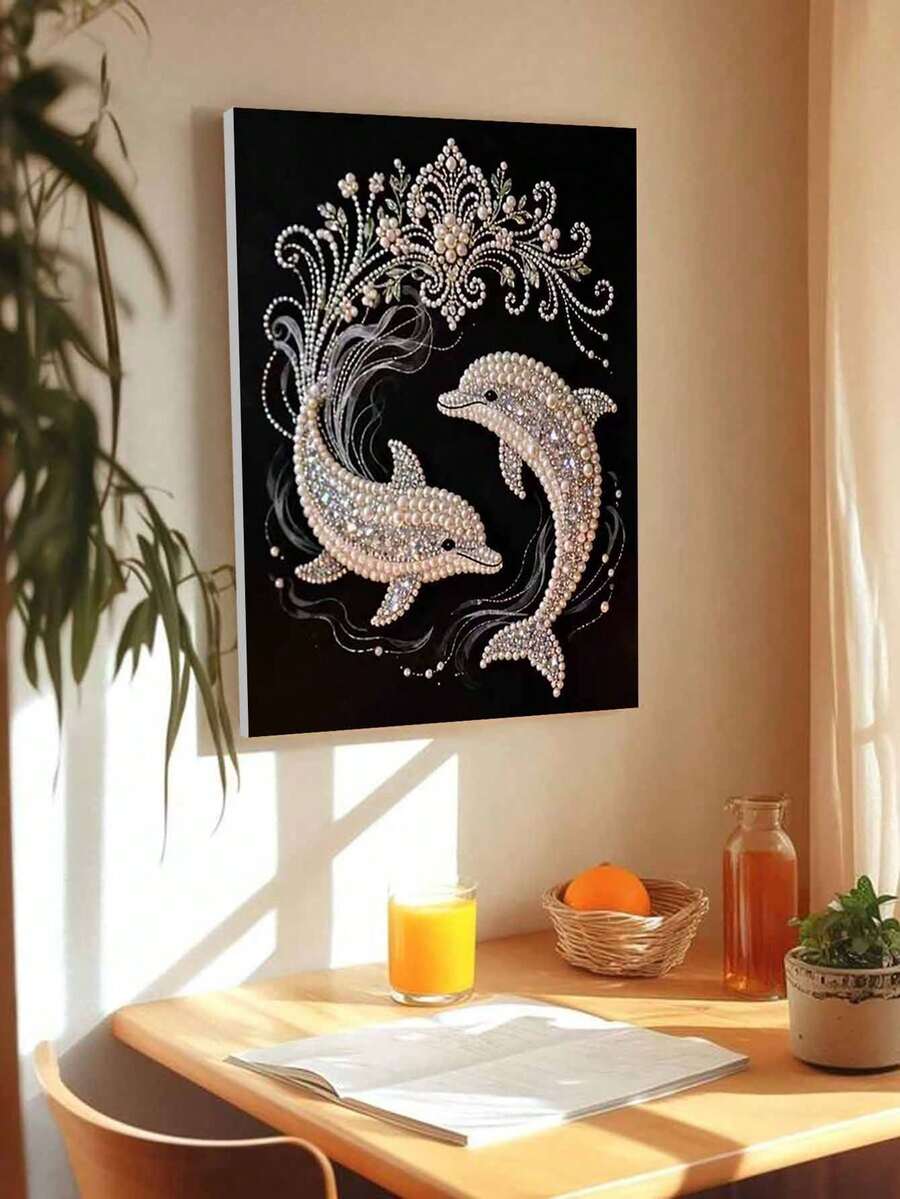 New Pearl Painting Dolphin Theme Frameless DIY Handmade Sticky Diamond Creative Diamond Painting Kit, Suitable For Bedroom Decoration, Living Room Hanging Paintings, Room Decoration, Artwork, Birthday Gifts For Friends, Christmas, New Year, Valentine's Day, Holiday Gifts Full Of Novelty. - Multicolor - View 1