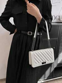 Herringbone Embroidered Twist Lock Small Square Shoulder Bag Crossbody Bag Chain Strap Women Handbag - White - View 5