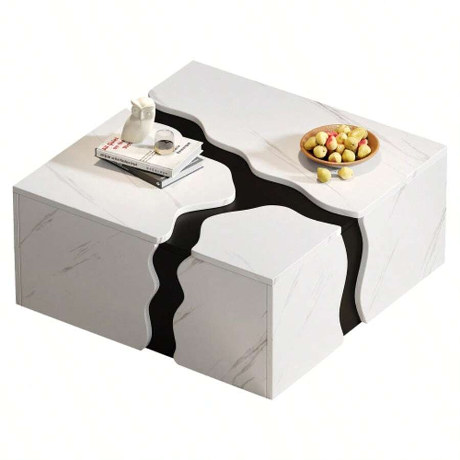 Living Room Coffee Table, 70 X 70 X 31 Cm, Geometric Cubic Design, Side Table With Drawer, Uniquely Shaped Marble Veneer Table, Coffee Table, Storage Table, Game Table - White - View 1