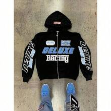 Men's Street Functional Retro Classic Art Letter Printed Hoodie Basic Zipper Long Sleeve Hoodie - Black - View 3