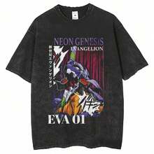 EVA 01 Men's Street Apparel T-Shirt Vintage Wash Anime Printed Tee Women Harajuku Cotton Casual Short Sleeve Clothing Top - Black - View 1