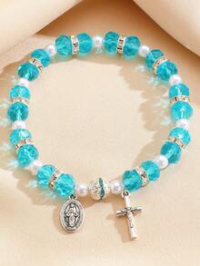 1pc Fashion Crystal Cross & Virgin Mary Pendant Bracelet, Suitable For Women Everyday & Holiday Wear - Mint Blue - View 5