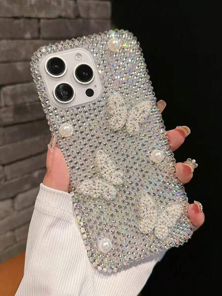 Luxury High-End 3D Rhinestone Bow Tie Phone Case Compatible With IPhone 17/15 Pro/ 16 Pro Max, Women's Soft Shell 14/13/12/11, Personalized Fully Blinged Protective Cover - Silver - View 1