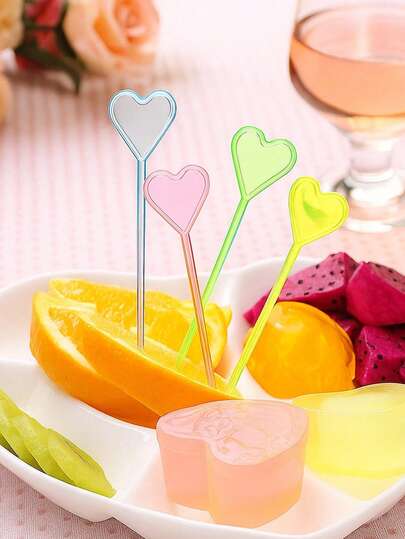 50/100pcs Multi-Color Plastic Fruit Picks, Heart-Shaped Cocktail Appetizer Picks, Finger Food Sticks, Sandwich Drink Stirrers, Cocktail Party Decor, Heart-Shaped Cocktail Picks