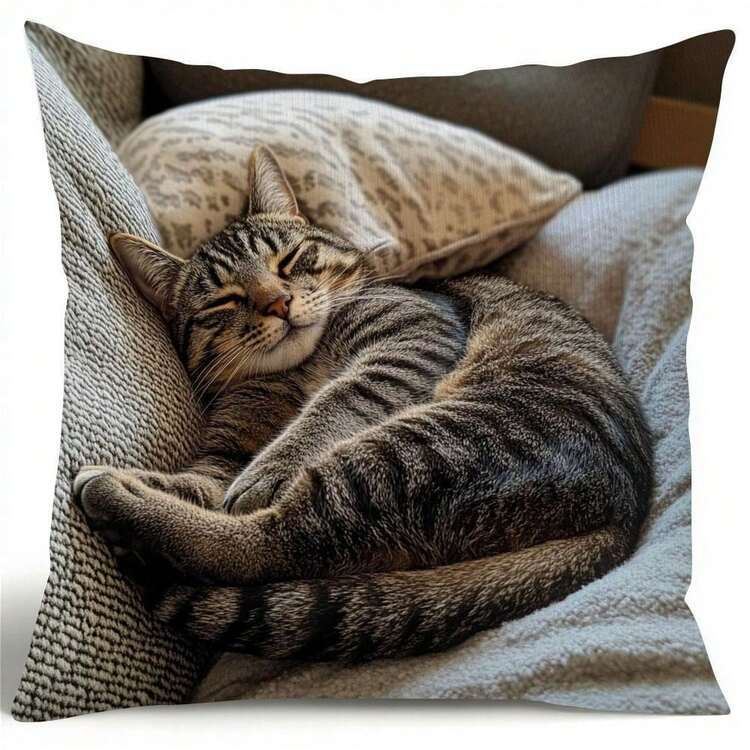1Pc Cozy Tabby Cat Sleeping Pattern Throw Pillow Cover - 17.7*17.7 Inches, 2D Digital Single-Side Printing, Machine Washable With Zipper, Farmhouse Decor, Suitable For Indoor Outdoor Couch Accent, 100% Polyester, No Insert Included - Multicolor - View 9