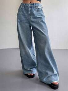 Women's Vintage Washed High Waisted Wide Leg Jeans - Loose Baggy Flattering Denim Pants | Casual Streetwear Trousers (Multiple Washed Colors) - 藍色 - 查看 6