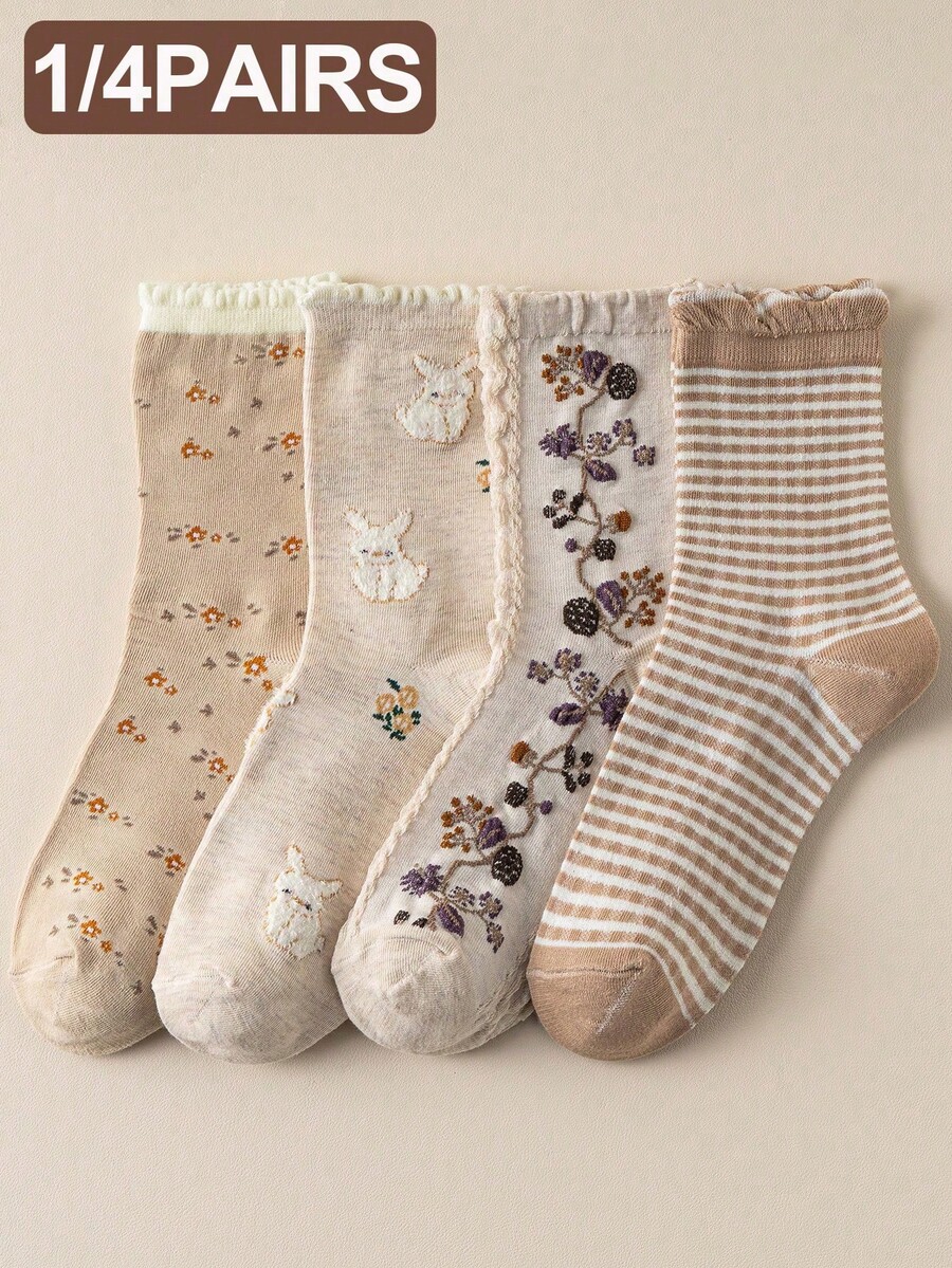 1/4 Pair Nude Lace Ruffle Bunny Print Striped Pattern Breathable Cute Elastic Casual Student Mid-Calf Socks, Suitable For Easter & Autumn - Multicolor - View 1